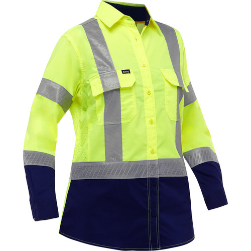 Bisley ANSI Type R Class 2 Women's Long Sleeve Work Shirt with X-Airflow and Navy Bottom, Hi-Vis Yellow/Green, Large #313W6491H-YN/L