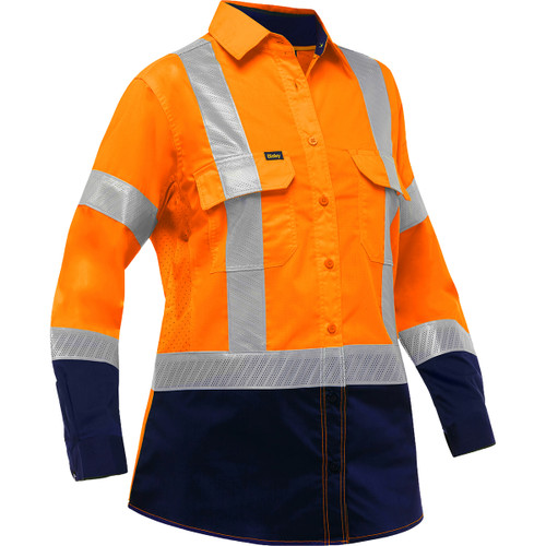 Bisley ANSI Type R Class 2 Women's Long Sleeve Work Shirt with X-Airflow and Navy Bottom, Hi-Vis Orange, X-Large #313W6491H-ON/XL