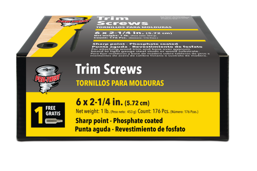 Pro-Twist #6 x 2-1/4" Trim Head Screws, Square Drive, Sharp Point, Black (1 LB Box/12 Boxes) #NTH2141