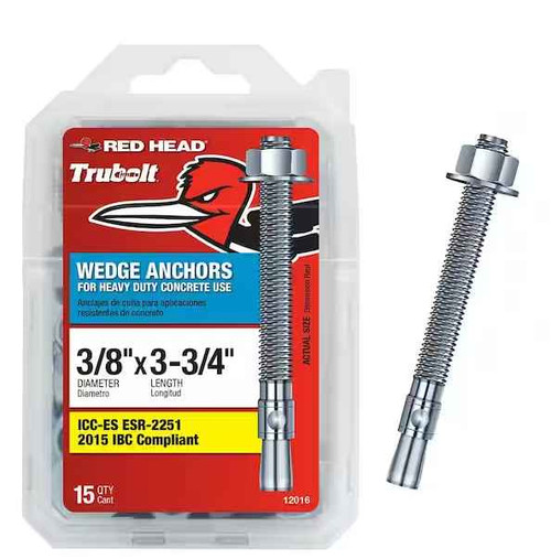 Trubolt 3/8" x 3-3/4" Concrete Wedge Anchor, (15 pc-Pack/6 Packs) #ITW12016