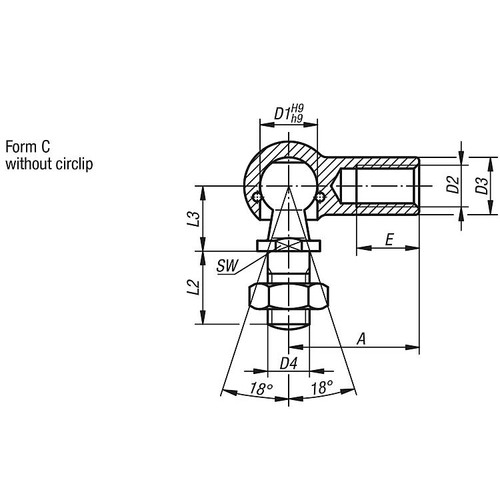 Kipp Angle Ball Joint w/o Retaining Clip, DIN 71802, D1=19 mm, Style C, Left Hand Thread, Steel, (Qty. 1), K0734.191601