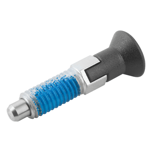 Kipp Indexing Plunger, ECO, w/Plastic Mushroom Grip, Thread Lock, and Locking Slot, Style CP, Size 1, D=5 mm, D1=M8, Steel, (Qty. 10), K1098.093105080 Kipp Indexing Plunger, ECO, w/Plastic Mushroom Grip, Thread Lock, and Locking Slot, Style CP, Size 1, D=5 mm, D1=M8, Steel, (Qty. 10), K1098.093105080