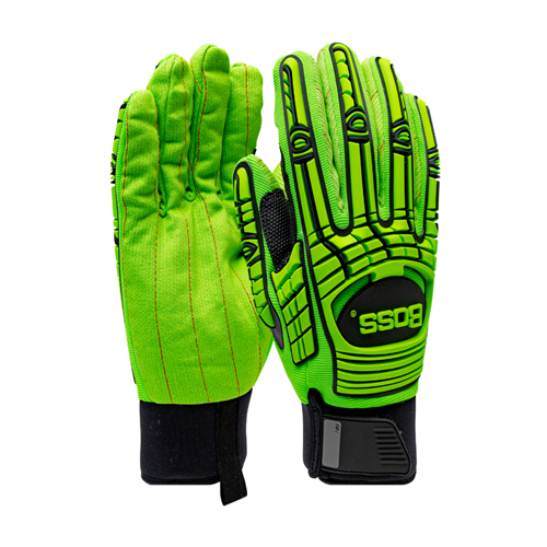 Boss Green Corded Cotton Palm and Spandex Back with TPR Impact Protection - Insulated & Waterproof, Hi-Vis Green, M 120-MP2101W/M (6 Pair)
