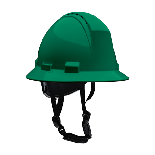 Kilimanjaro Type II Full Brim Safety Helmet with HDPE Shell, 4-Point Textile Suspension, Wheel Ratchet Adjustment Vented, With 4-Point Chinstrap, Dark Green, OS 280-HP642RV-CH-04 (1 Each)