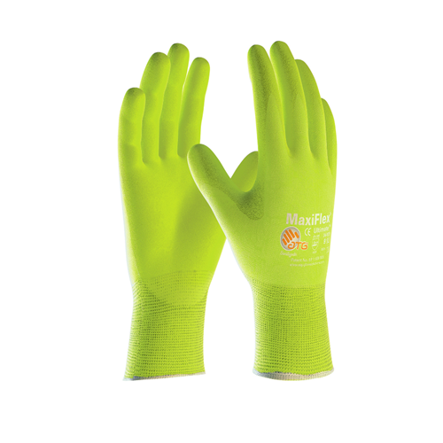 MaxiFlex Ultimate Hi-Vis Seamless Knit Nylon/Elastane Glove with Nitrile Coated MicroFoam Grip on Palm & Fingers - Touchscreen, Hi-Vis Yellow, 2XL 34-874FY/XXL (12 Pairs)
