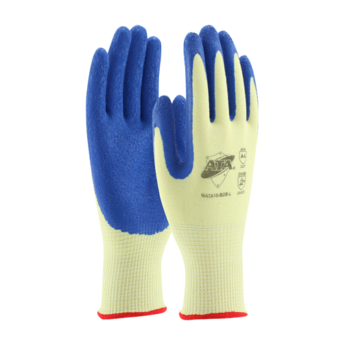 G-Tek PolyKor Seamless Knit PolyKor® Blended Glove with Blue Latex Coated Crinkle Grip on Palm & Fingers, Yellow, M MATA10-BDB-M (12 Pairs)