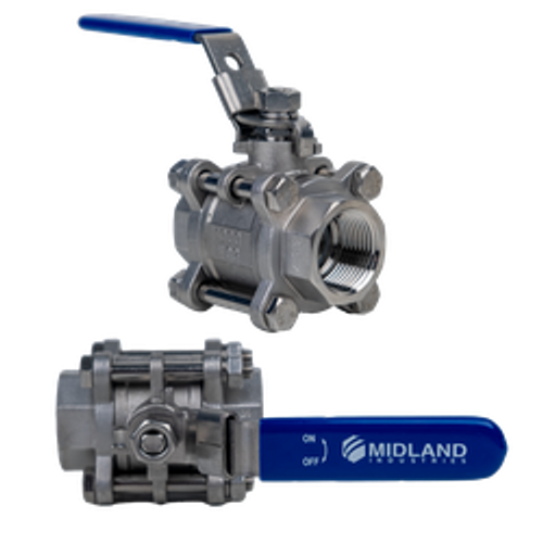 Midland Industries 949270 3-Piece Ball Valve, 1/4 in Nominal, FNPT Connection, 1000 psi Pressure, -14 to 302 deg F (Qty. 1) Midland Industries 949270 3-Piece Ball Valve, 1/4 in Nominal, FNPT Connection, 1000 psi Pressure, -14 to 302 deg F (Qty. 1)