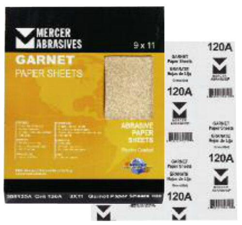 Garnet Sandpaper Sheets - 9 x 11 - A-Weight, Grit: 120A, Mercer Abrasives 205120 (100/Pkg.)