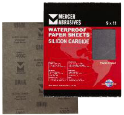 Silicon Carbide Waterproof Sandpaper Sheets - 9 x 11 - A-Weight, Grit: 500A, Mercer Abrasives 220500 (50/Pkg.)