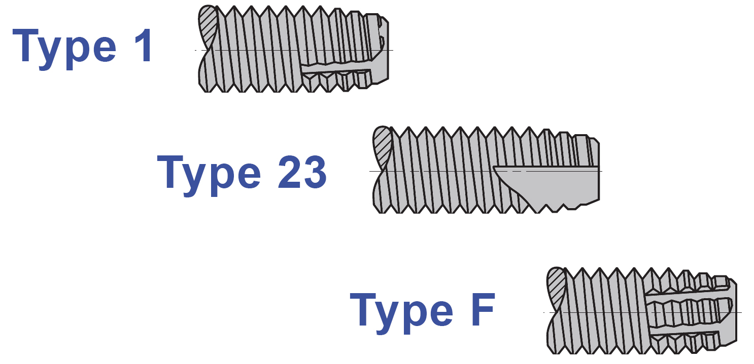 Self Tapping Screws Hole Size Data Types 1, 23 & F Drawing