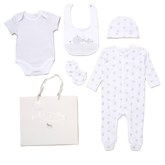 F10721NB: Baby Unisex Elephant 6 Piece Mesh Bag Gift Set (NB-6 Months) F10721NB: Baby Unisex Elephant 6 Piece Mesh Bag Gift Set (NB-6 Months)