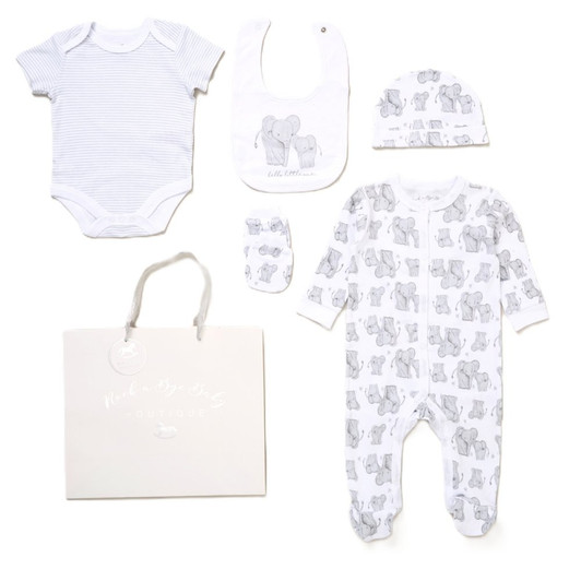 F10719NB: Baby Unisex Elephant 6 Piece Mesh Bag Gift Set (NB-6 Months) F10719NB: Baby Unisex Elephant 6 Piece Mesh Bag Gift Set (NB-6 Months)