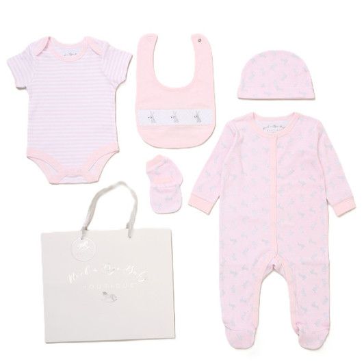 F10704NB: Baby Girls Bunnies 6 Piece Mesh Bag Gift Set (NB-6 Months)