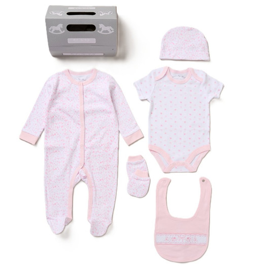 G12577NB: Baby Girls Floral 6 Piece Mesh Bag Gift Set (NB-6 Months)