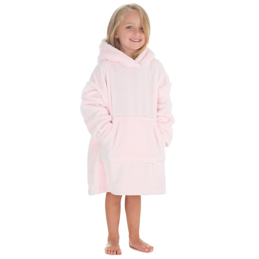 8C944: Kids Plain Oversized Plush Hoodie WIth Borg Lined Hood- Pink (One Size - 3-6 Years)