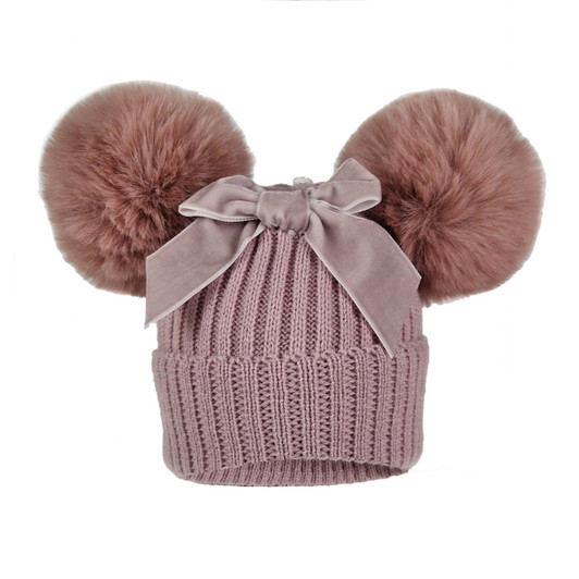 TM10-RO NEW BIG BOW  ROSEGOLD  DOUBLE POM POM SPANISH STYLE  HATS AGE 0-12M