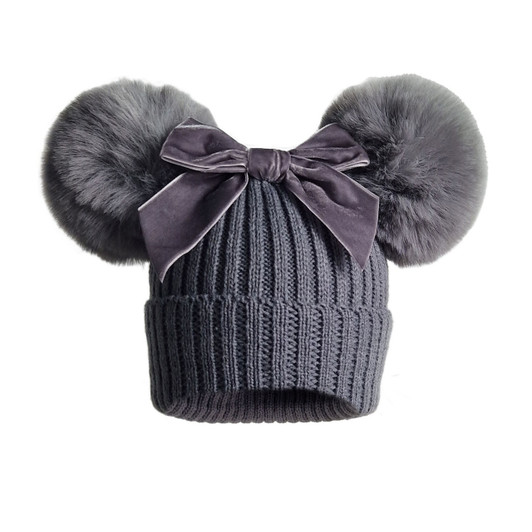 TM10-G NEW BIG BOW  GREY DOUBLE POM POM SPANISH STYLE  HATS AGE 12-24M