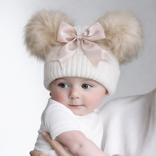 TM15-BI Ribbed Hat w/Faux Fur Pom Poms GIANT BOW & Turnover 12-24M