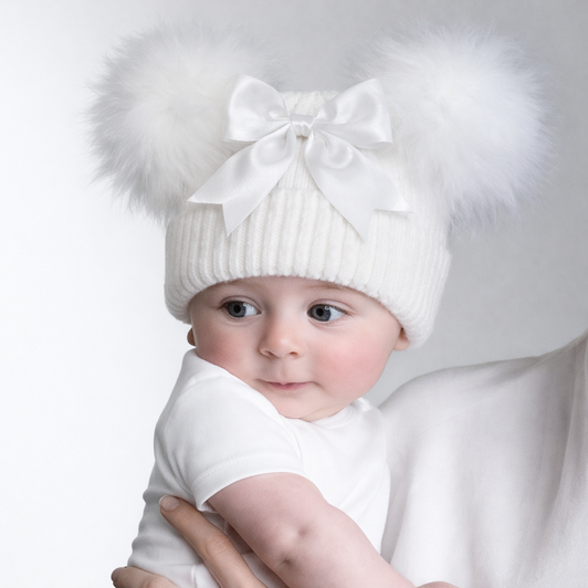 TM15-W White  Ribbed Hat w/Faux Fur Pom Poms GIANT BOW & Turnover 2-5yrs
