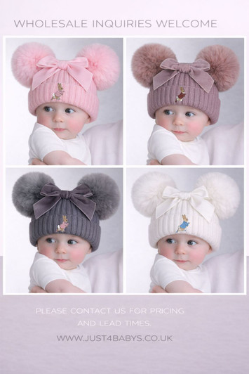 TM10-PR PETER RABBIT  BIG VELVET BOW  PINK  DOUBLE POM POM SPANISH STYLE  HATS AGE 12-24M