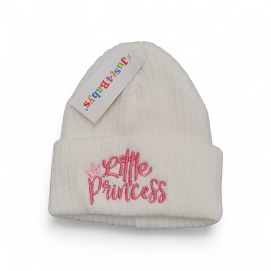 J4BLP3 PRINCESS   boys girls embroidered white hat beanie 0-3m des 2