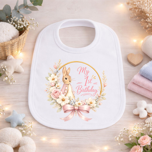 my 1st birthday PINK PETER RABBIT floral White Baby Bib
