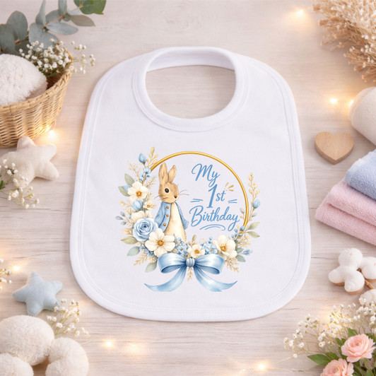 My 1st birthday BLUE boys  PETER RABBIT  White Baby Bib
