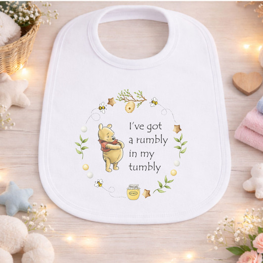 winnie the pooh rumbly in my tumbly   White Baby Bib