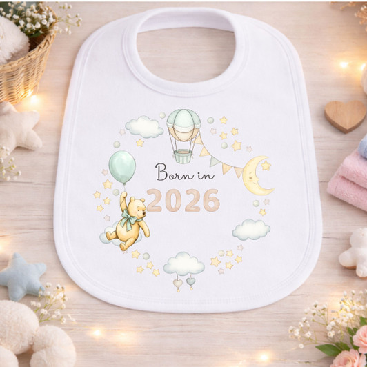 winnie the pooh born in 2026   White Baby Bib