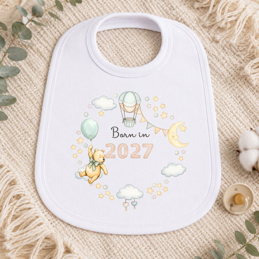 winnie the pooh born in 2027   White Baby Bib