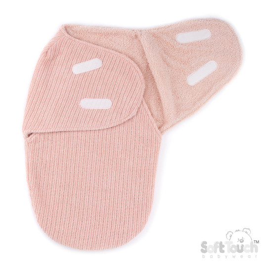 A soft and cozy chenille cellular swaddle wrap in a soothing ROSEGOLD shade, designed for newborns up to 3 months. Featuring a textured knit front with a plush, shiny contrasting back, it provides warmth and comfort while keeping baby snug. Made from 100% polyester, it includes secure fastening tabs for easy wrapping. Comes as 1 piece with hang tag, packed 4 pieces per polybag.