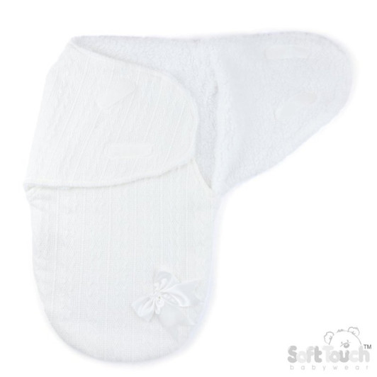 A soft and stylish WHITE swaddle wrap featuring a textured knit design and a plush inner lining for extra comfort. Designed to keep newborns snug and secure, it includes easy wrap fastening and a charming satin bow detail for a cute finishing touch.