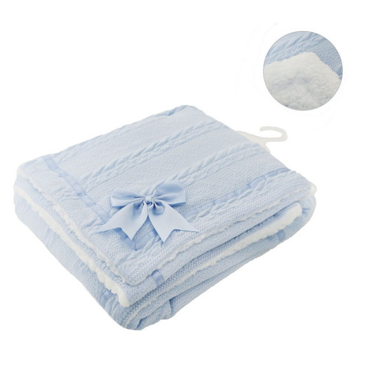A soft and elegant blue baby blanket featuring a textured knit design and a plush sherpa-style backing for extra warmth and comfort. Finished with a delicate satin bow, it’s perfect for keeping baby cozy at home or on the go.