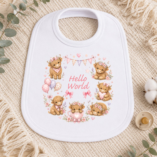 Hello World – Highland Cow Baby Bib