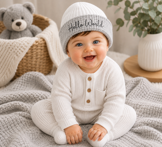 2 tone silver/white beanie hello world