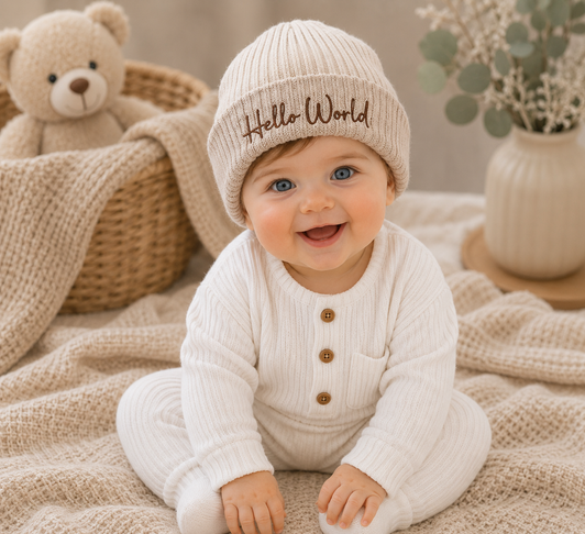 2 TONE HELLO WORLD BEIGE BEANIE