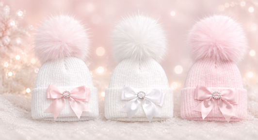 CT105 1st SIZE SELF COLOUR RIBBED 1 FUR POM  DIAMONTE BOW HAT 6 colours