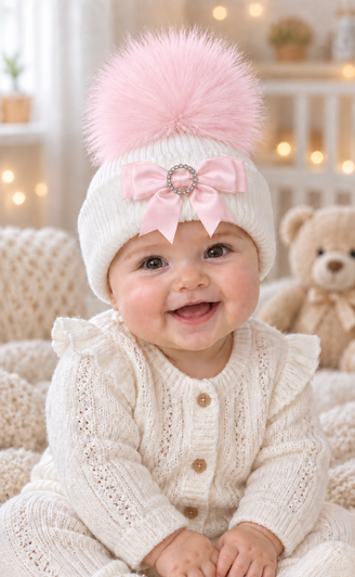 CT105 1st SIZE SELF COLOUR RIBBED 1 FUR POM  DIAMONTE BOW faux fur pom HAT 6 colours