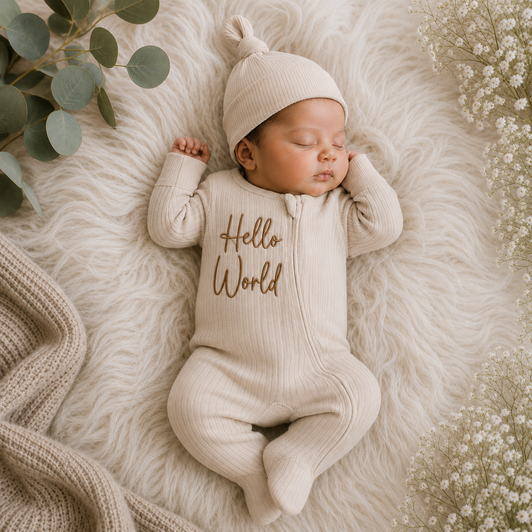HELLO WORLD  Biscuit Ribbed Sleepsuit (0-3 Months)