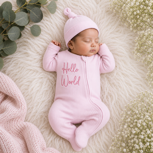 HELLO WORLD dusky pink Ribbed Sleepsuit (0-3 Months)