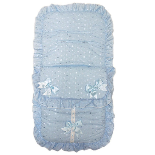 Luxury Baby Blue Broderie Cosytoes Footmuff with Satin Bows & Frill