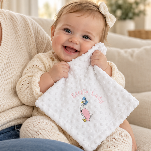Little Lady Baby Girl Comforter – Embroidered Duck Comfort Blanket – Pink or White Dimple Fabric with White Sherpa Back