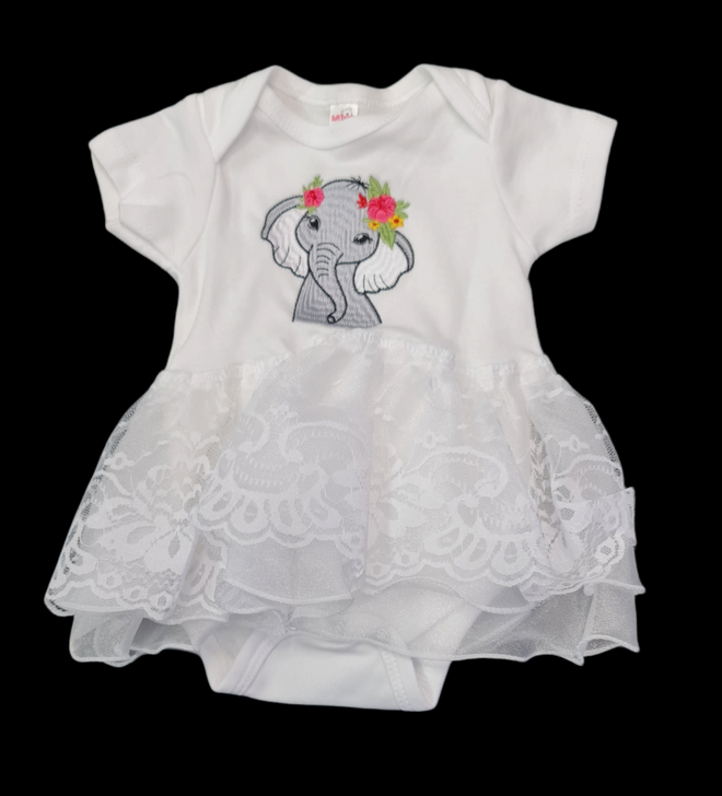 Baby Short Sleeve lace trim  Bodysuit EMBROIDERED safari elephant floral design