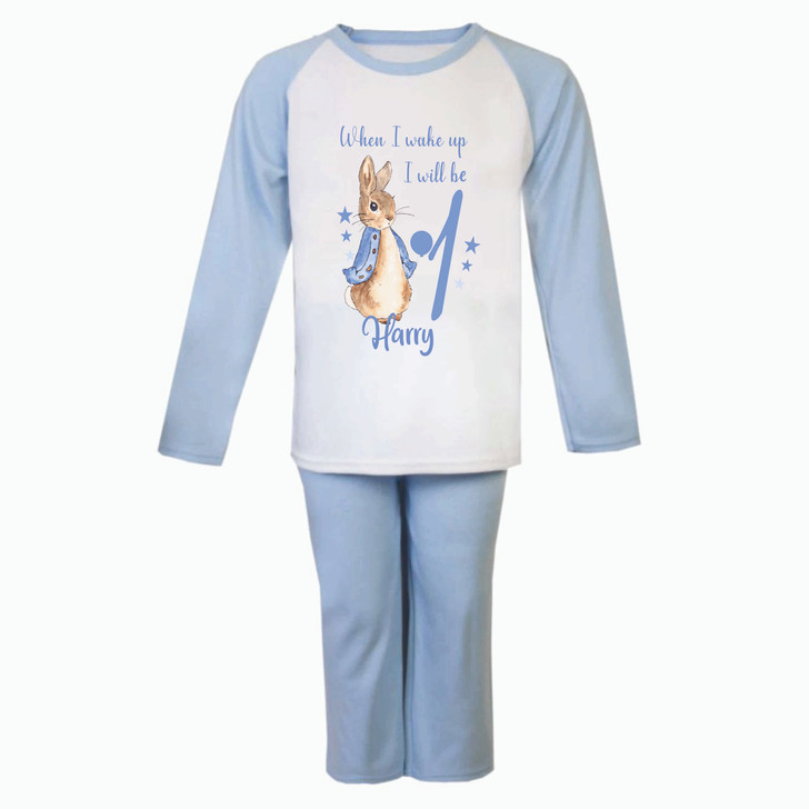 Personalised  peter rabbit when i wake up birthday Long Raglan Sleeve Pyjama Set 3 colours all sizes  **UK MADE**