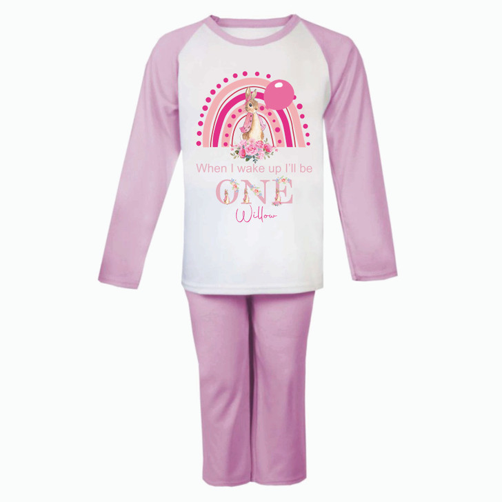 Personalised  peter rabbit  rainbow when i wake up birthday Long Raglan Sleeve Pyjama Set 3 colours all sizes  **UK MADE**