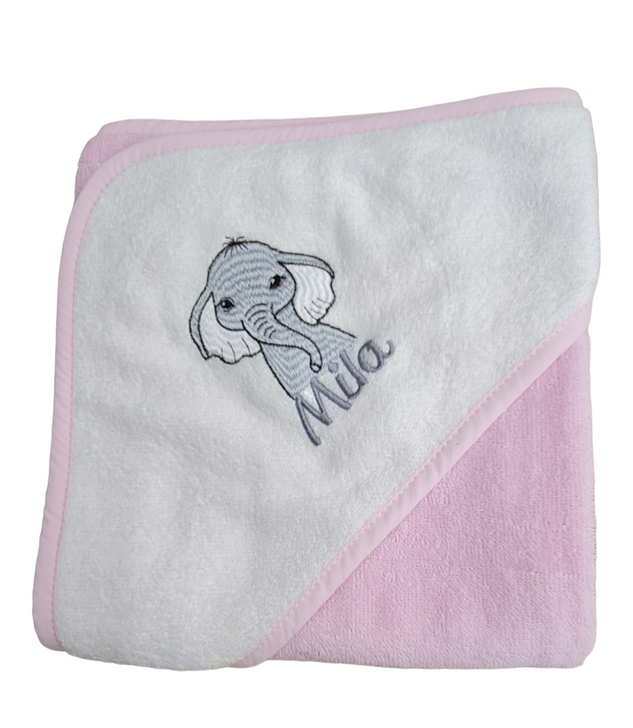 Personalised Embroidered Hooded Bath Towel Baby Girl/Boy safari elephant 2 TONE