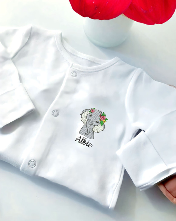 Personalised Baby embroidered safari elephant  flowers  sleepsuit 4 sizes