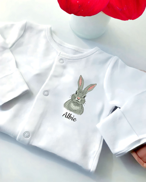 Personalised Baby embroidered safari Rabbit Bunny  sleepsuit 4 sizes