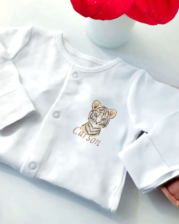 Personalised Baby embroidered safari Tiger  sleepsuit 4 sizes