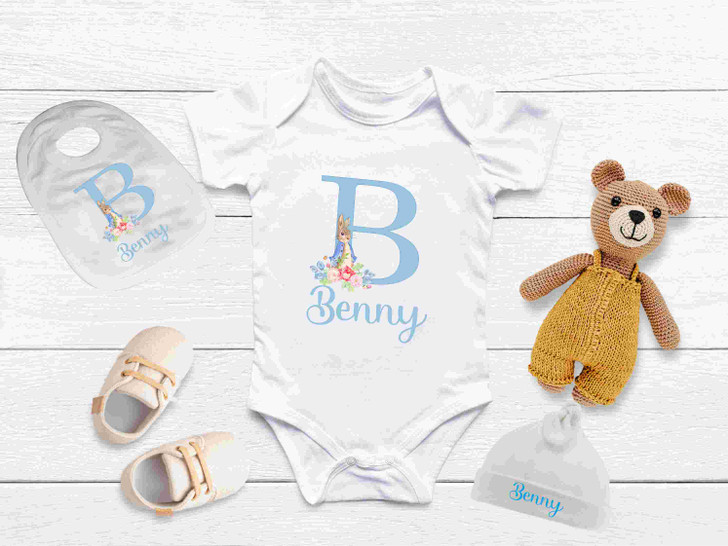 Personalised Peter rabbit BOYS / girls  name / initial  bib , bodysuit , hat 3 piece set boys girls clothing gift